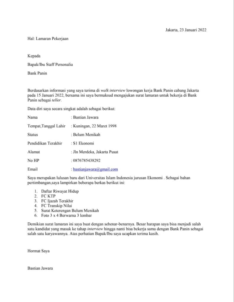contoh surat lamaran kerja bank