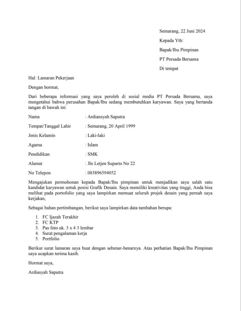 contoh surat lamaran kerja bidang kreatif