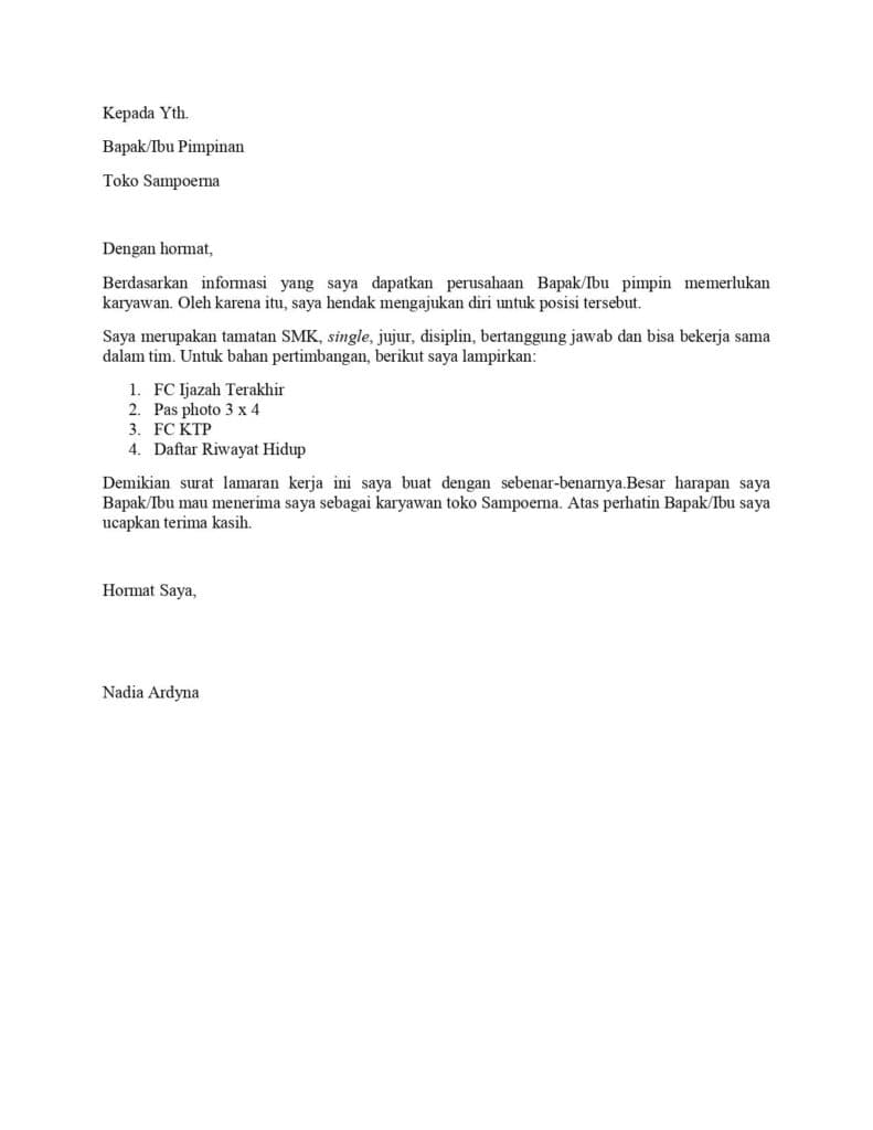 contoh surat lamaran kerja di Toko