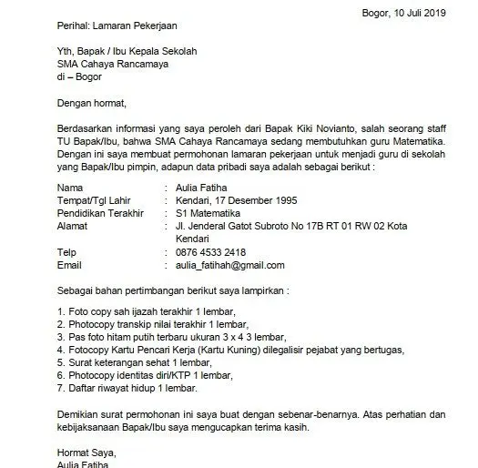 Surat Lamaran Kerja Guru