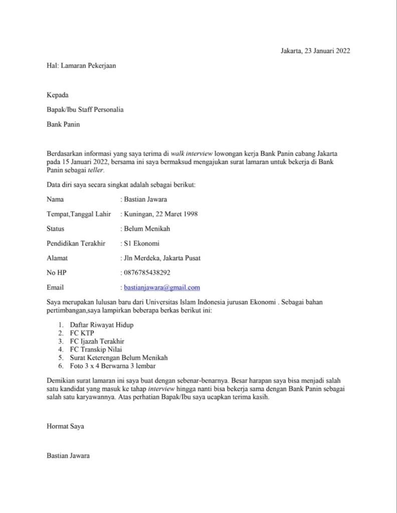 contoh surat lamaran kerja bank